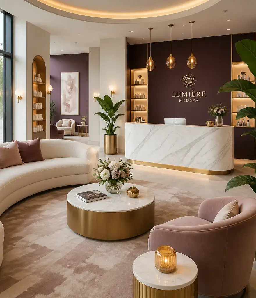 Hush MedSpa treatment room with plum walls and warm brass lighting